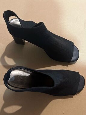 Black Stretch Peep-Toe Slingback Block Heel